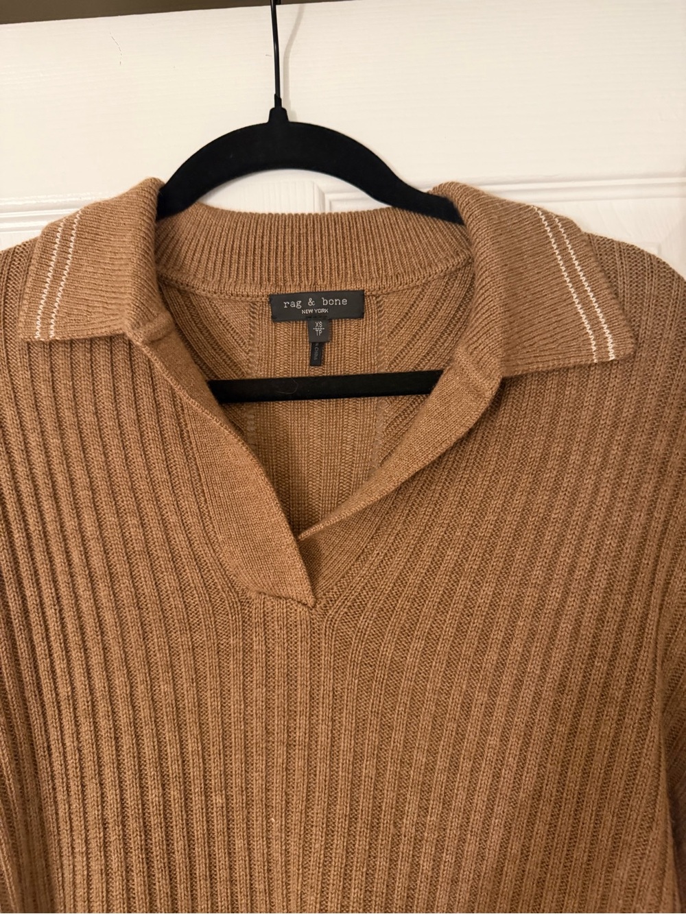 rag & bone Camel Ribbed V-Neck Sweater with White Contrast Stitch - Picture 2 of 5